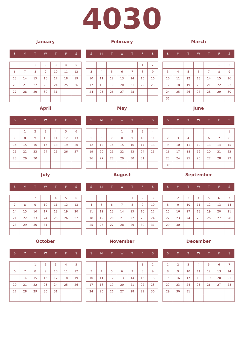 Printable 4030 Year Calendars cordovan