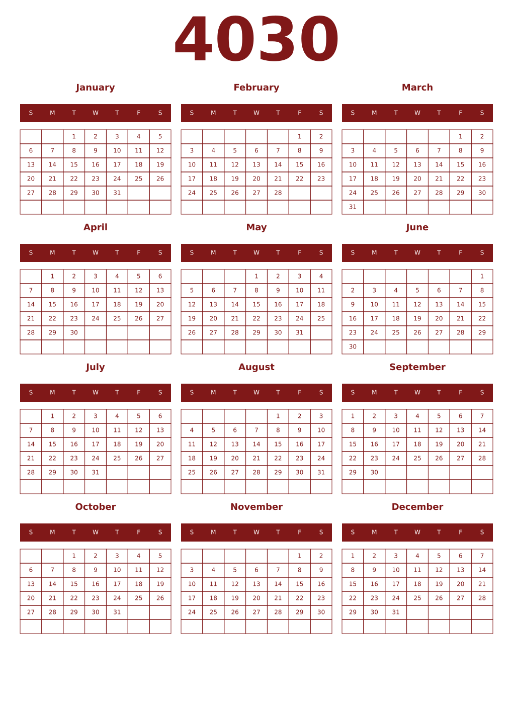 Printable 4030 Year Calendars falu