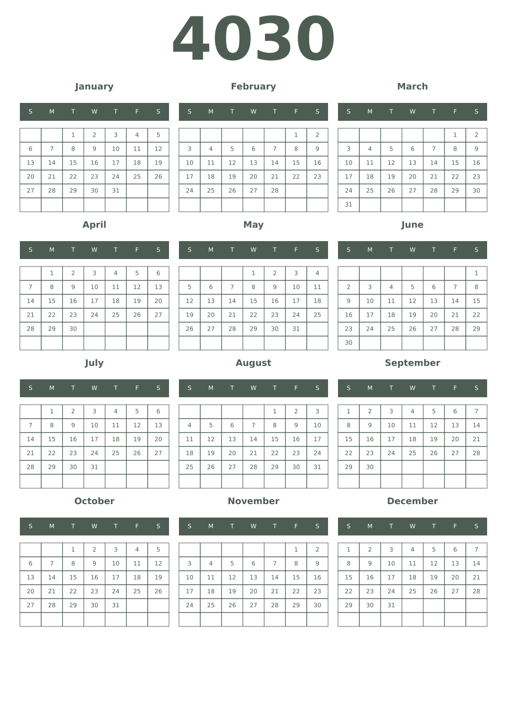 Printable 4030 Year Calendars feldgrau