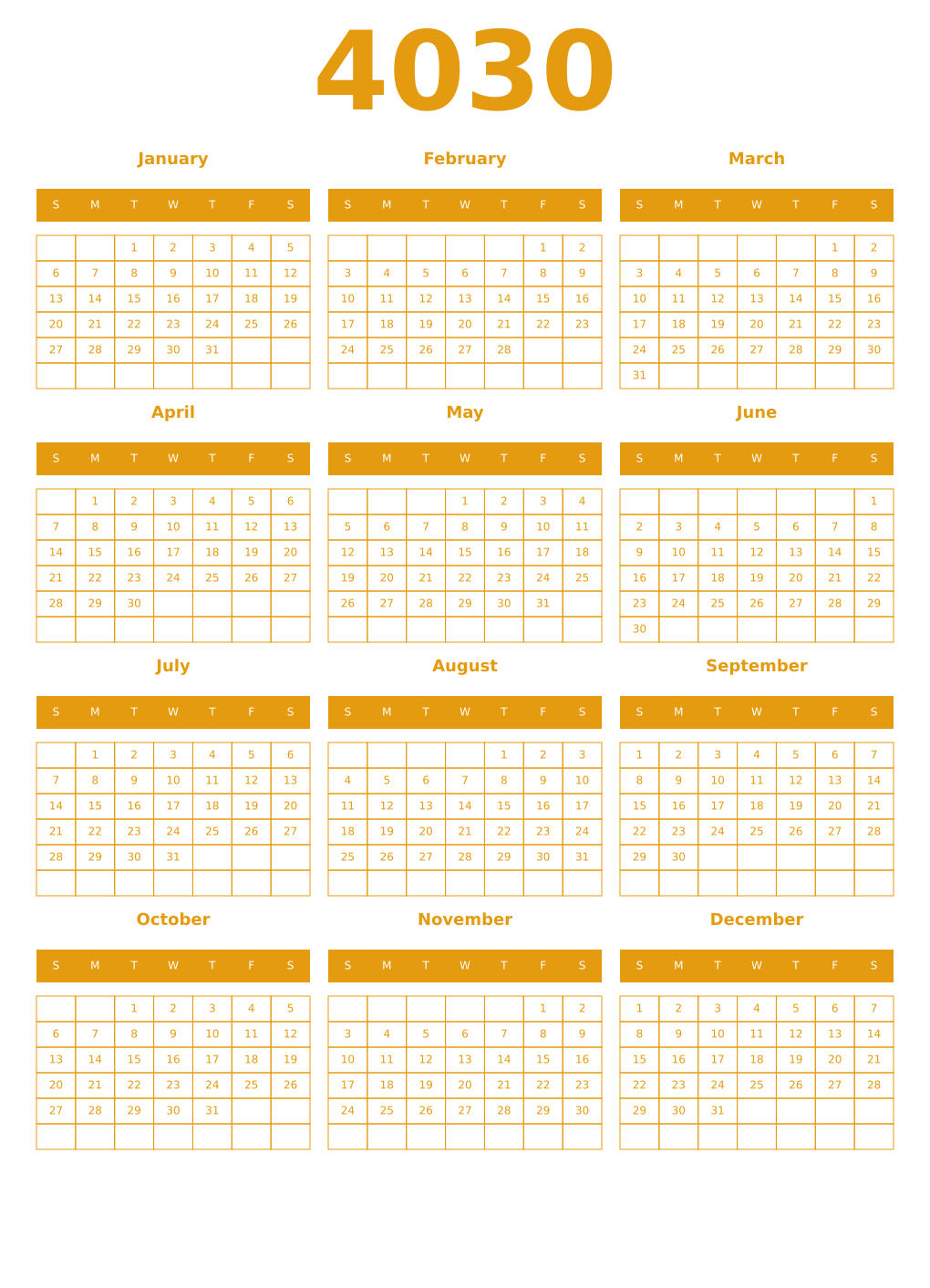 Printable 4030 Year Calendars gamboge