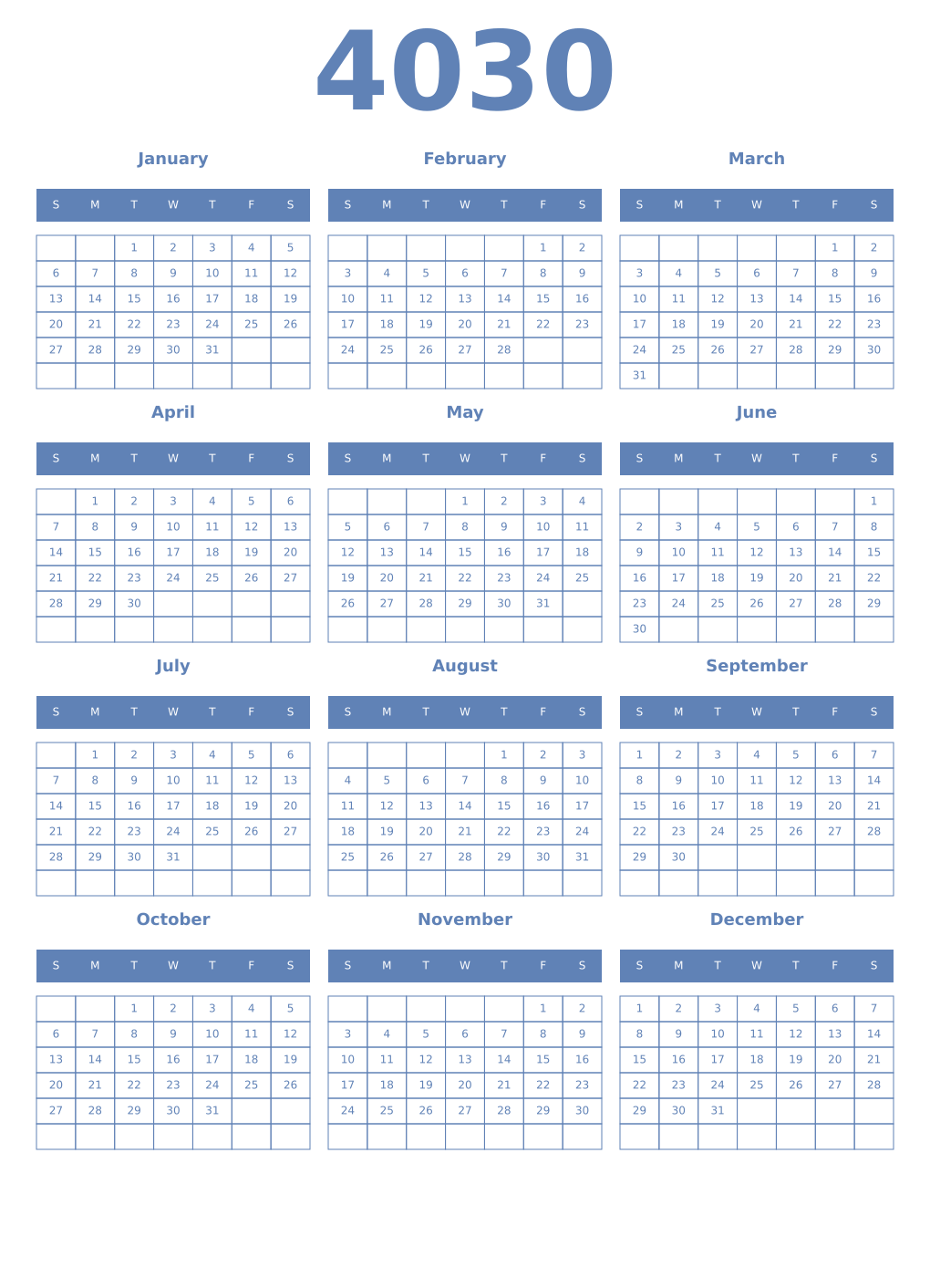 Printable 4030 Year Calendars glaucous