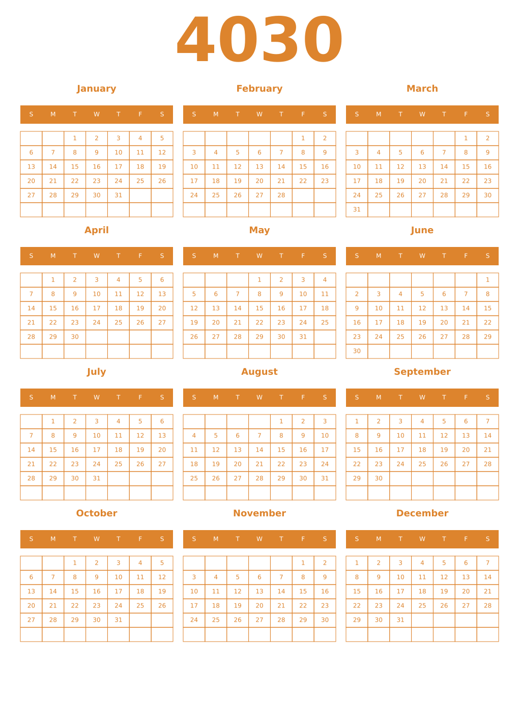 Printable 4030 Year Calendars orange