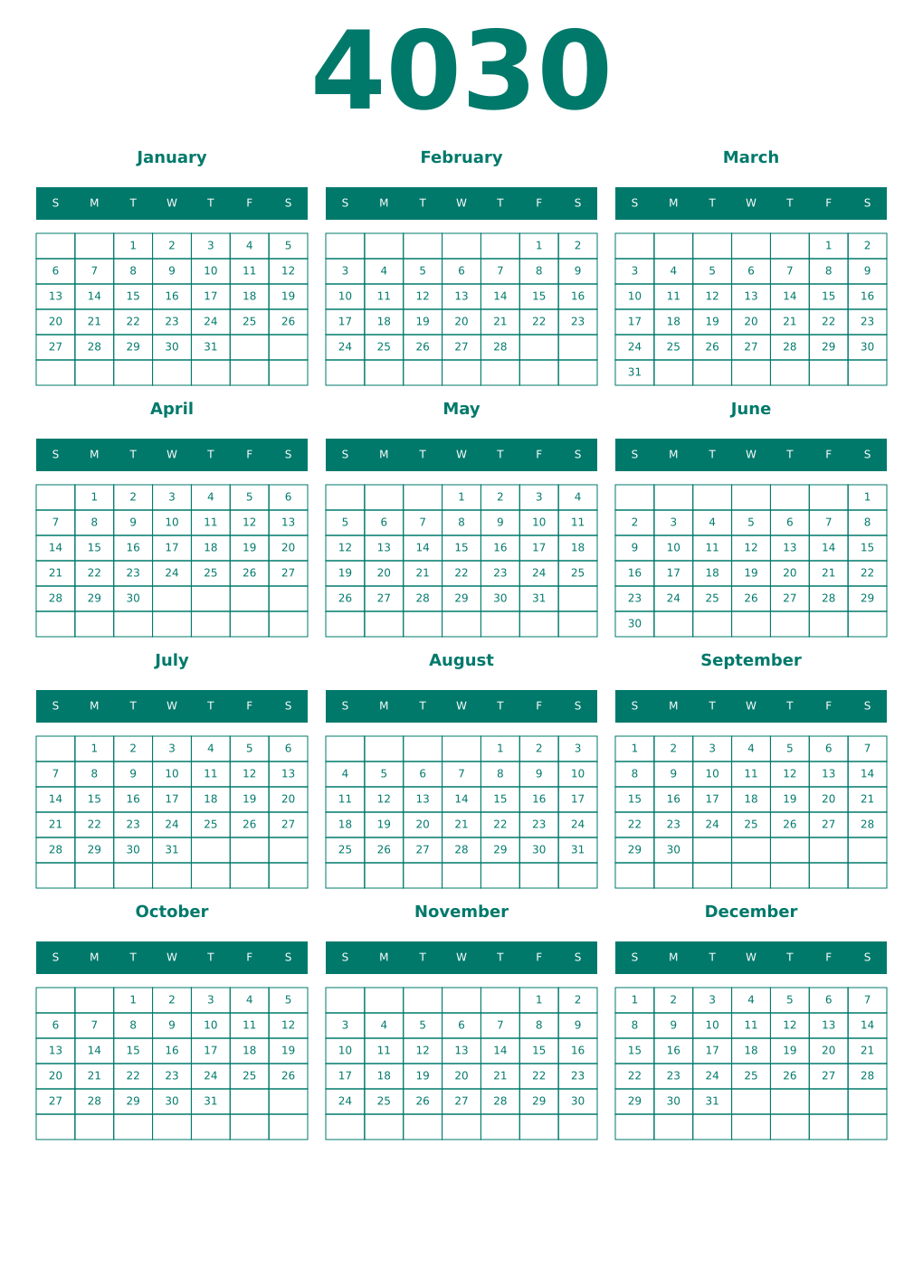 Printable 4030 Year Calendars pastel