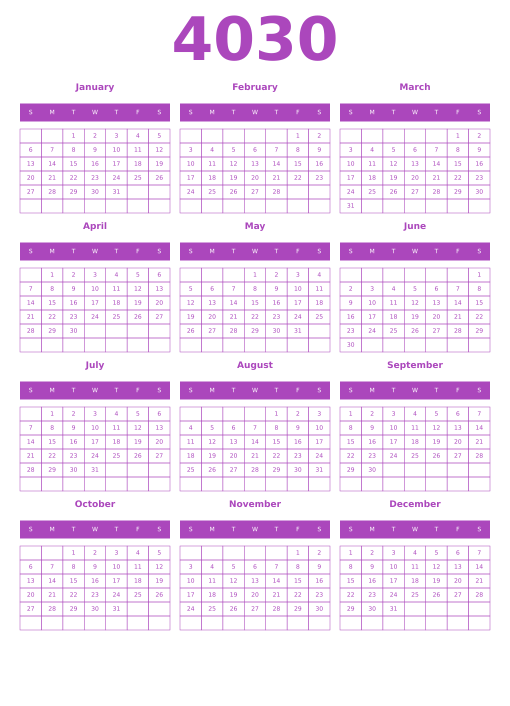 Printable 4030 Year Calendars purple