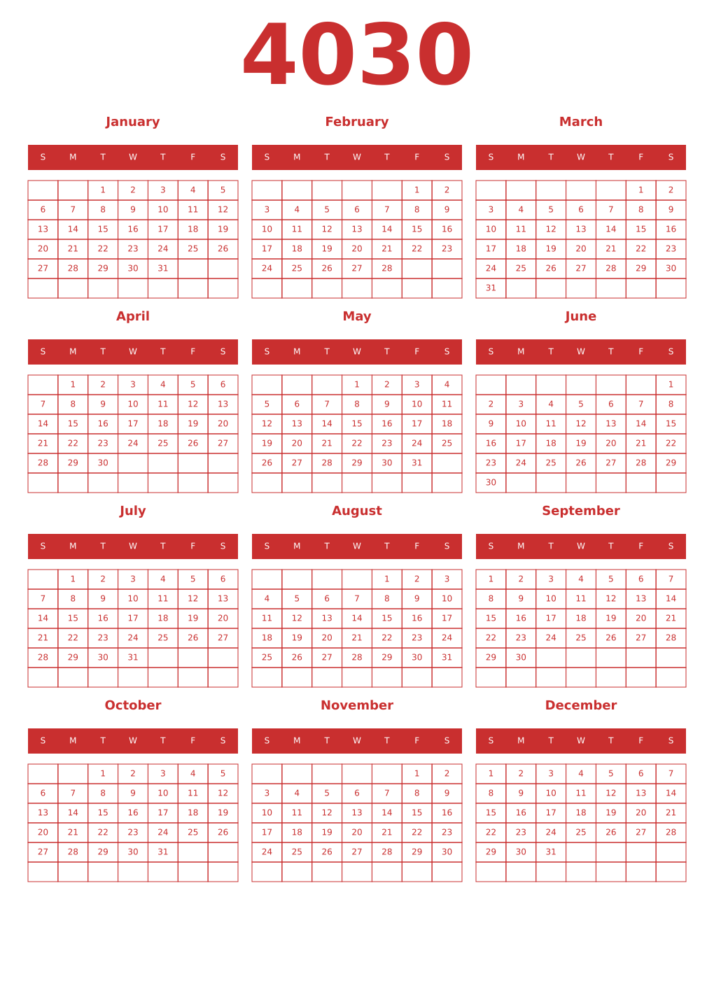 Printable 4030 Year Calendars red
