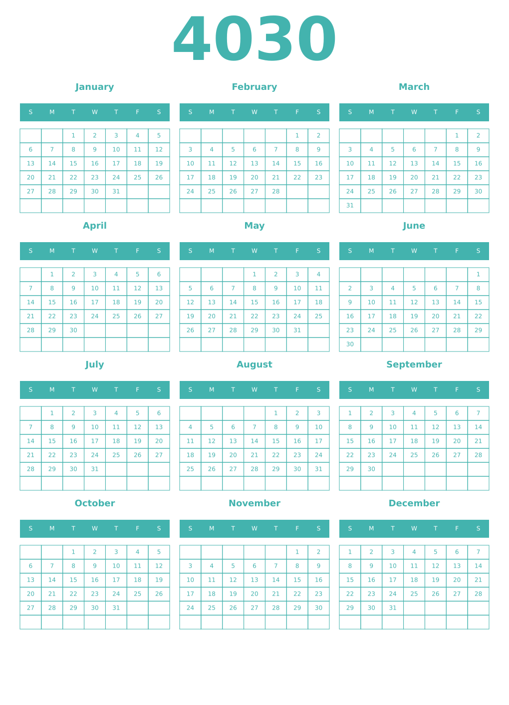Printable 4030 Year Calendars verdigris
