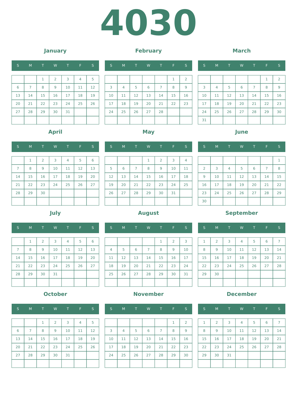 Printable 4030 Year Calendars viridian