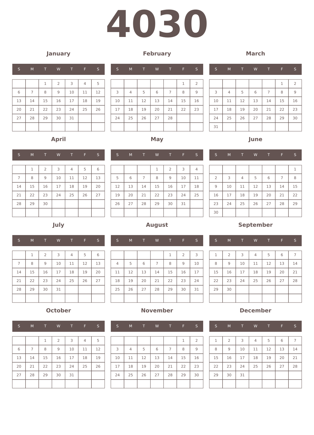Printable 4030 Year Calendars wenge