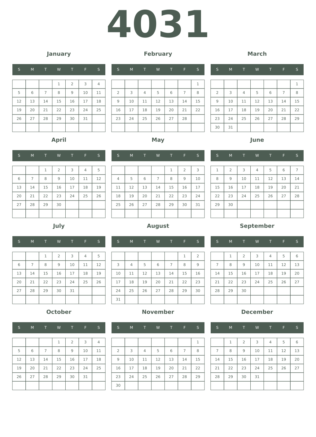 Printable 4031 Year Calendars feldgrau