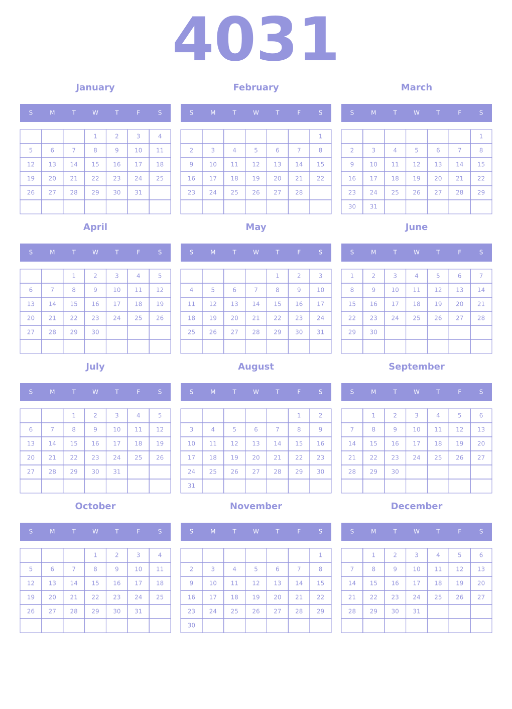 Printable 4031 Year Calendars periwinkle