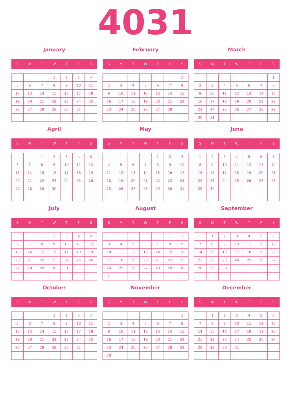 Printable 4031 Year Calendars pink