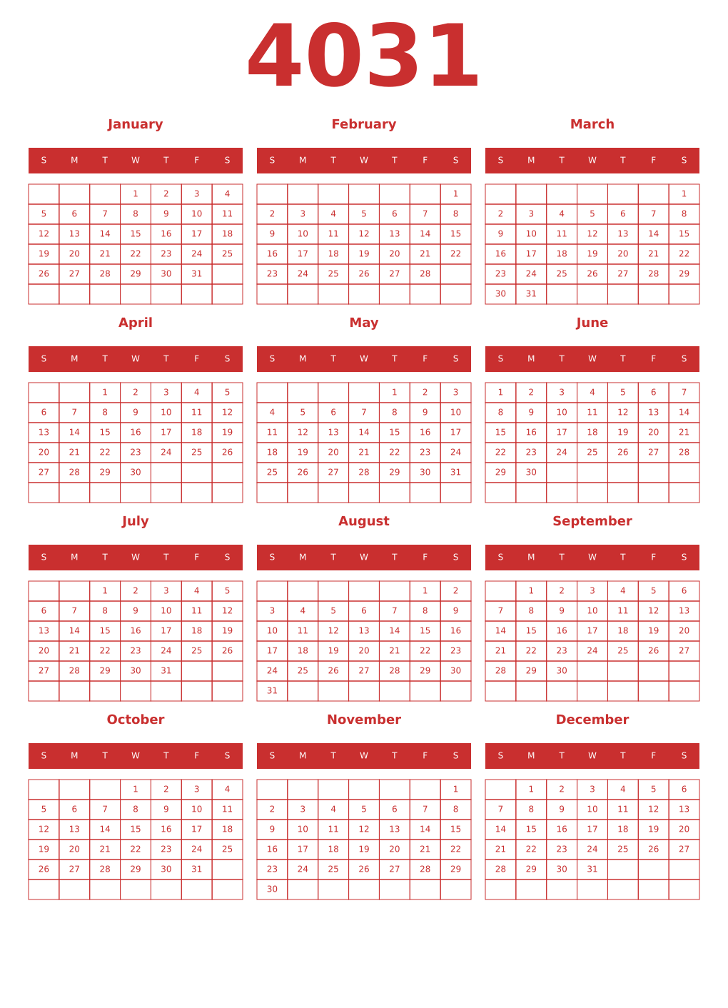 Printable 4031 Year Calendars red