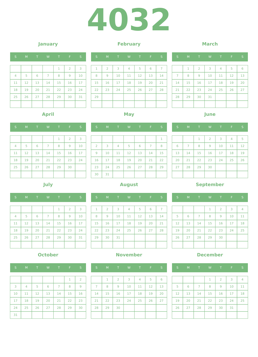 Printable 4032 Year Calendars celadon