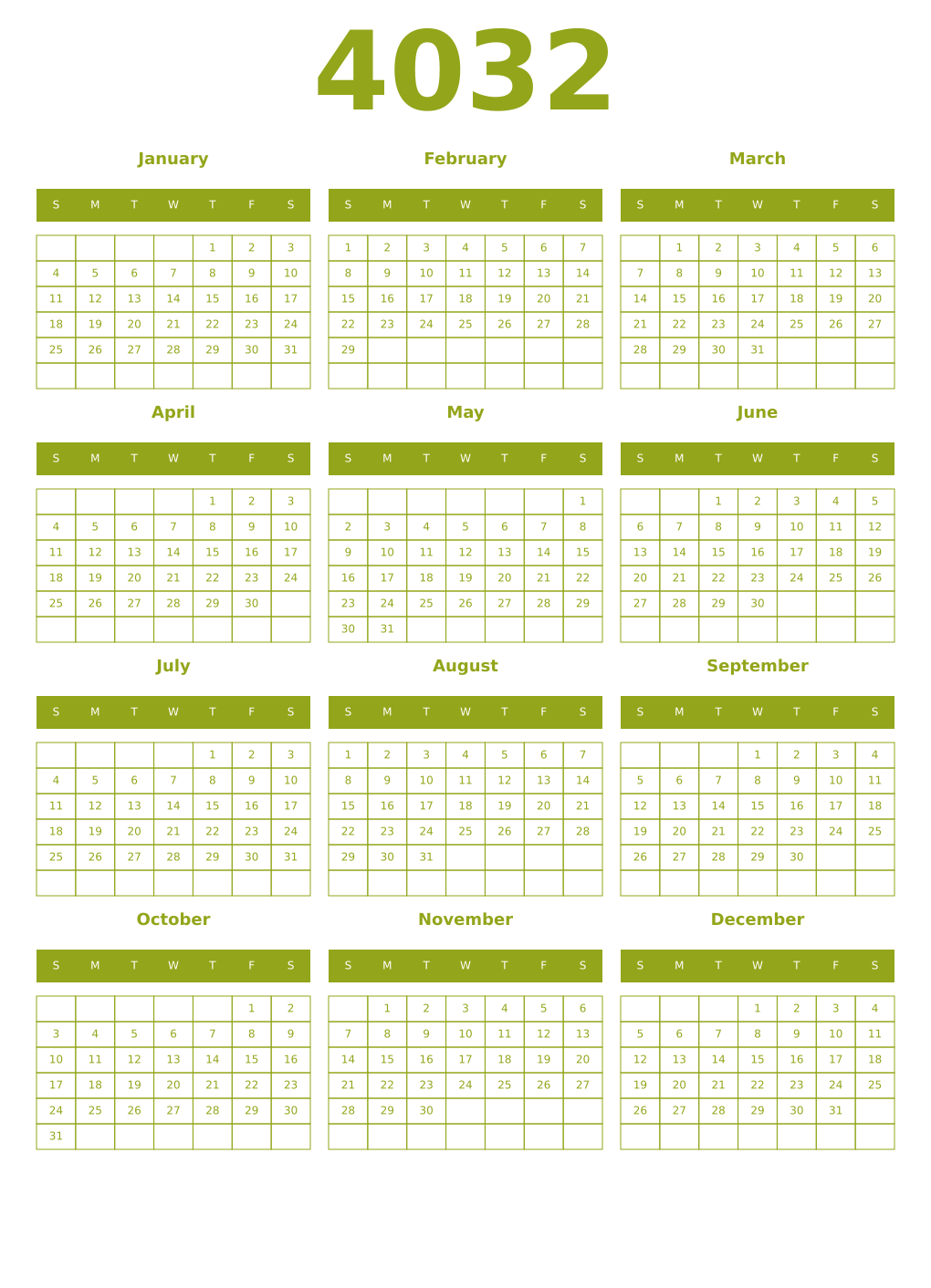 Printable 4032 Year Calendars chartreuse