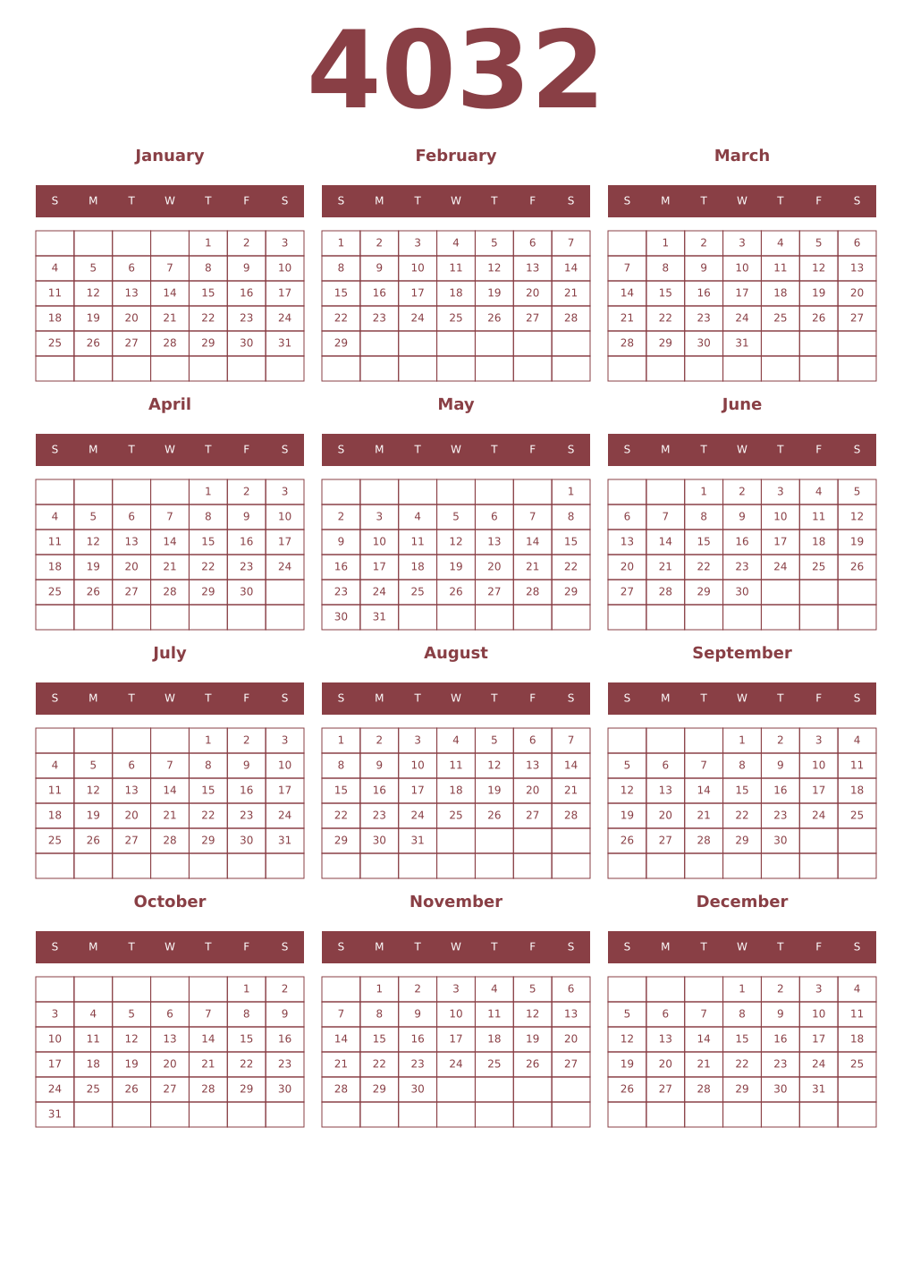 Printable 4032 Year Calendars cordovan