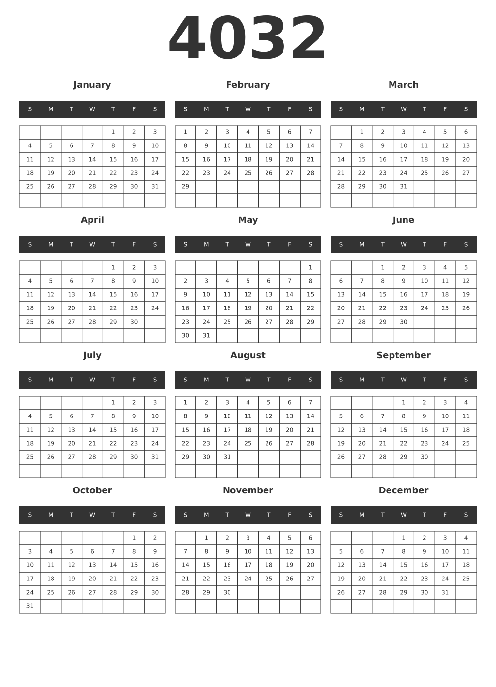 Printable 4032 Year Calendars dark