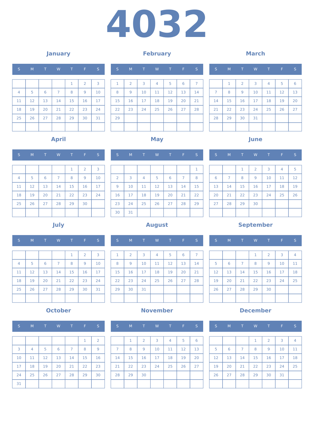 Printable 4032 Year Calendars glaucous