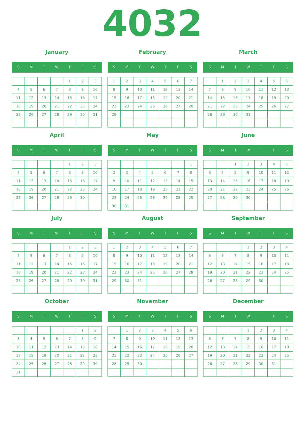 Printable 4032 Year Calendars green