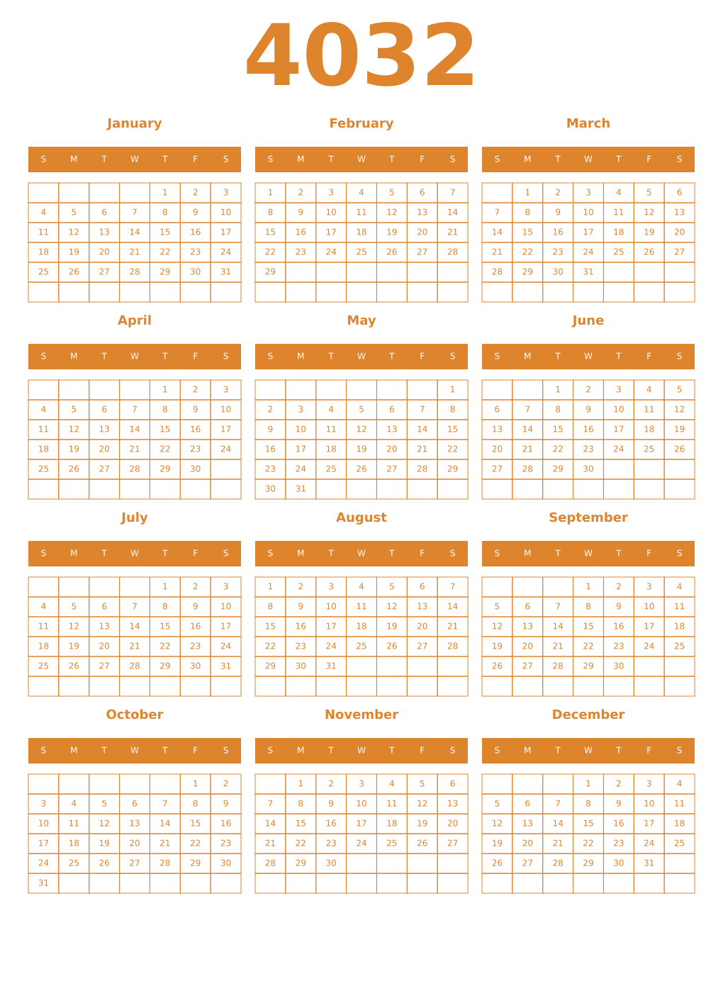 Printable 4032 Year Calendars orange