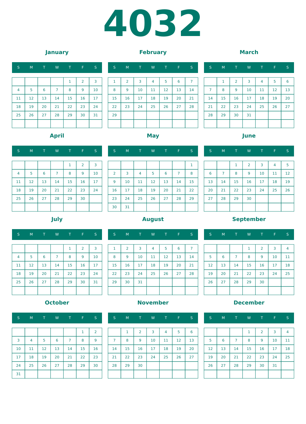 Printable 4032 Year Calendars pastel