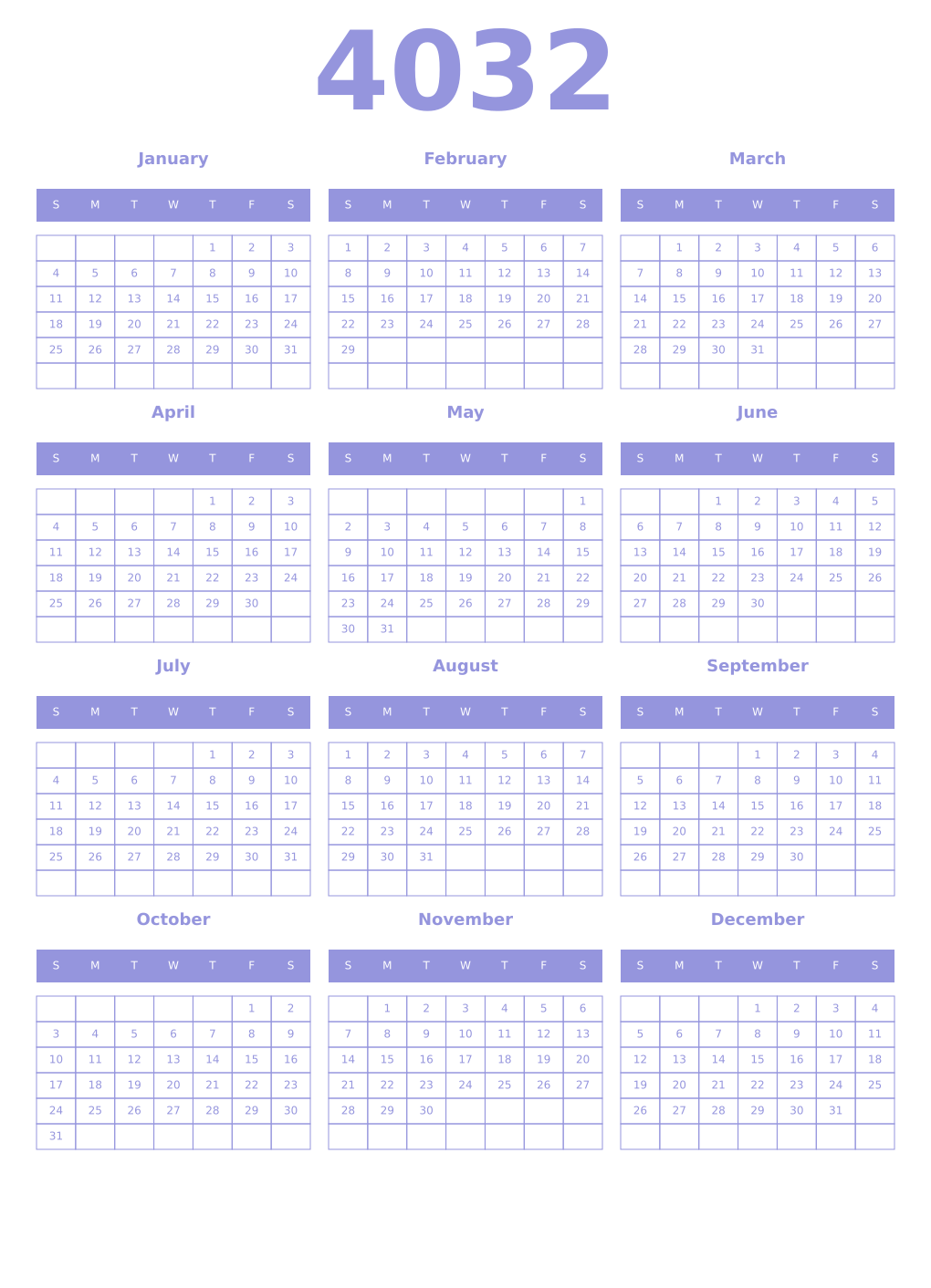 Printable 4032 Year Calendars periwinkle