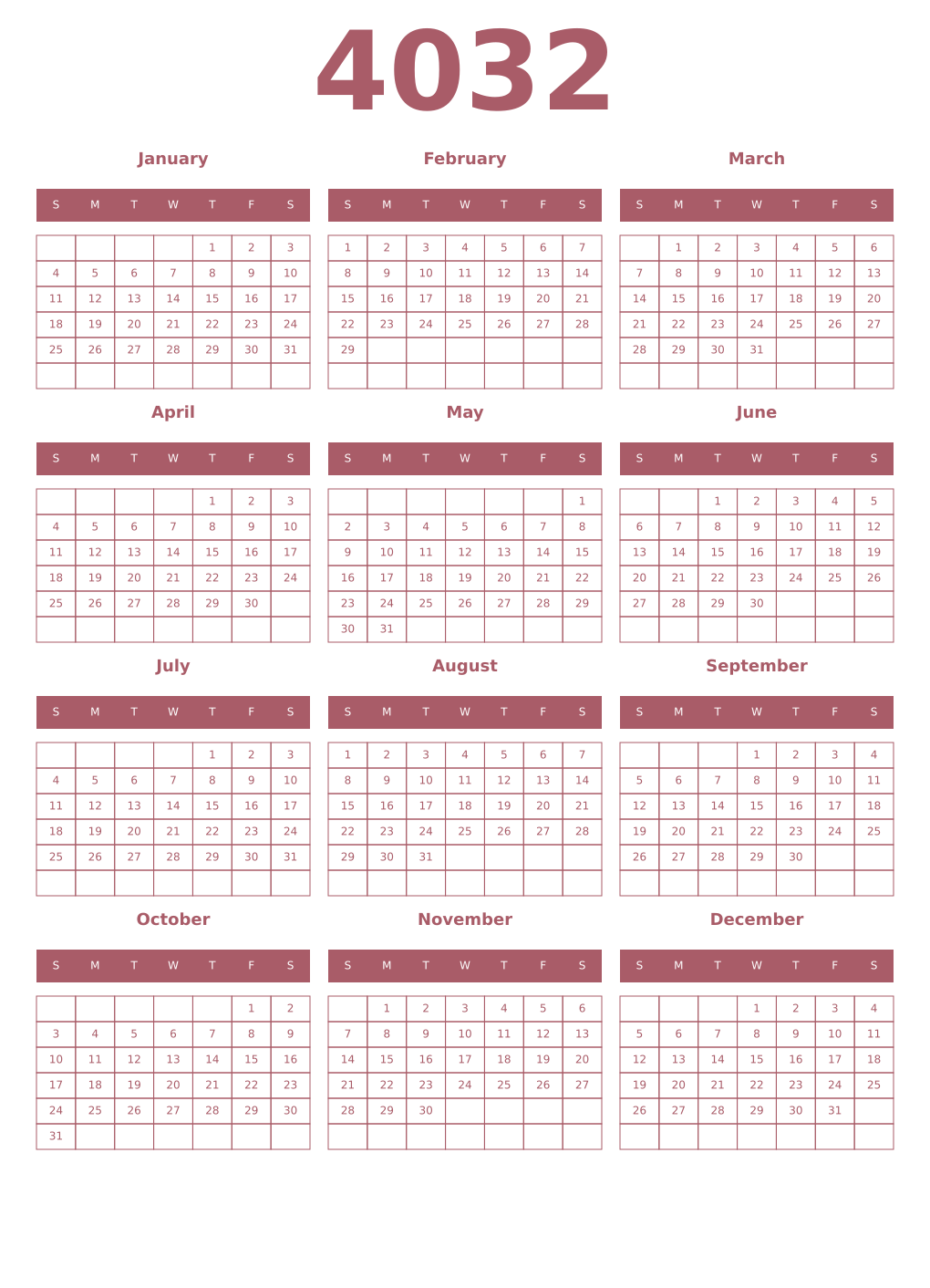 Printable 4032 Year Calendars puce