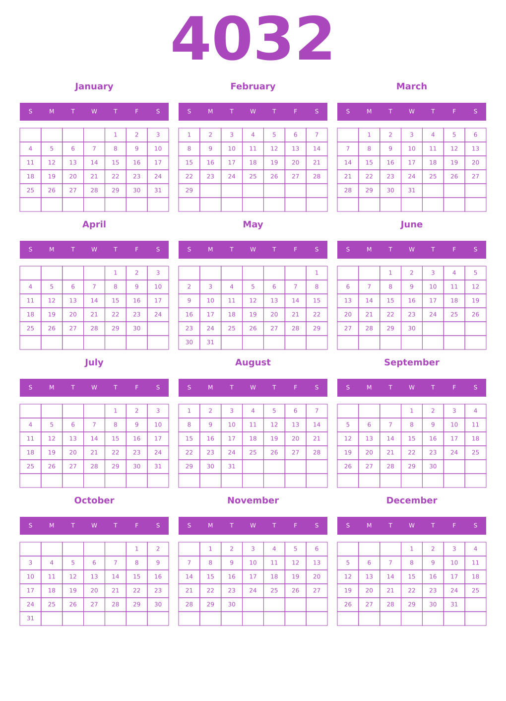 Printable 4032 Year Calendars purple