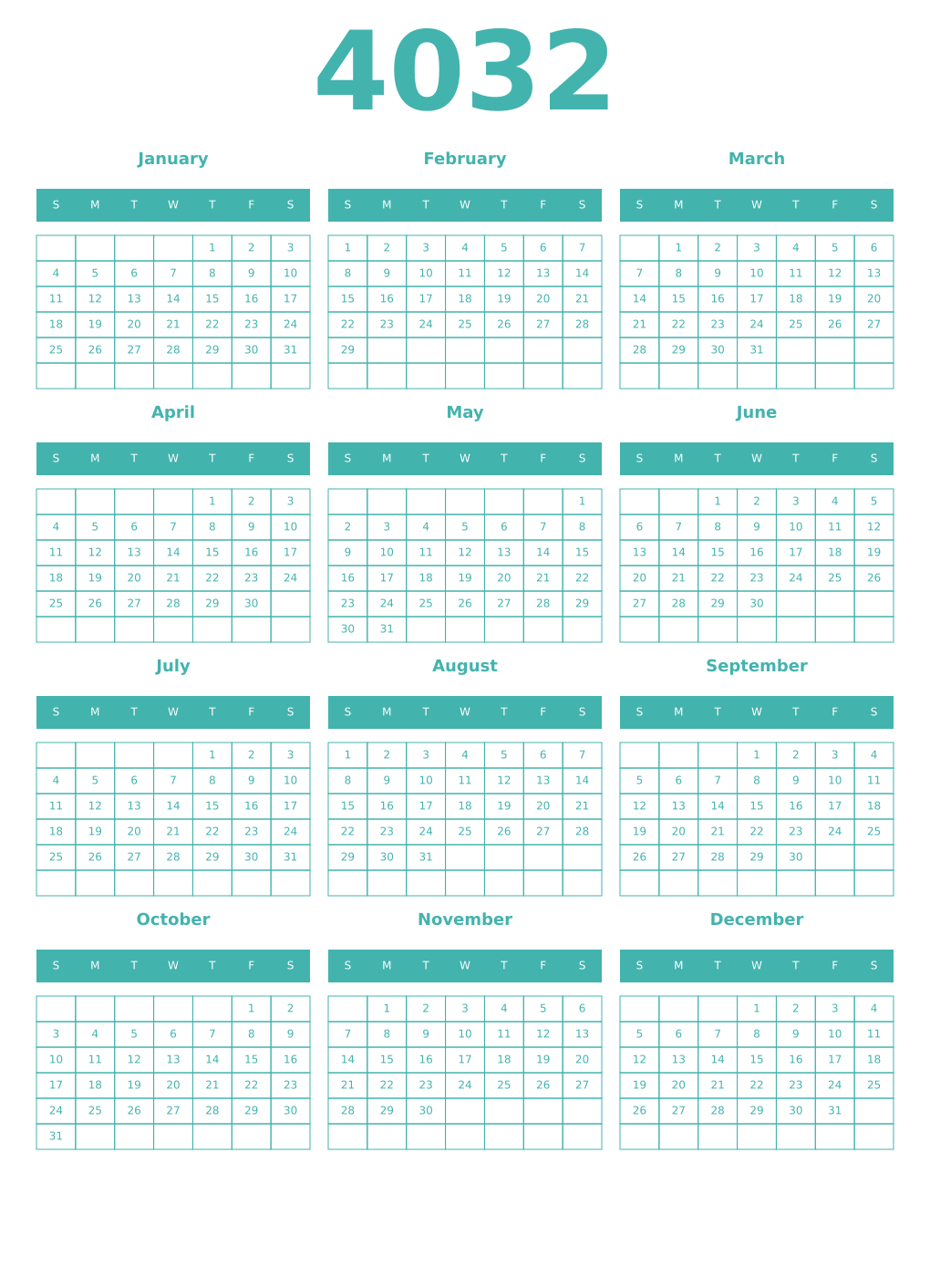 Printable 4032 Year Calendars verdigris