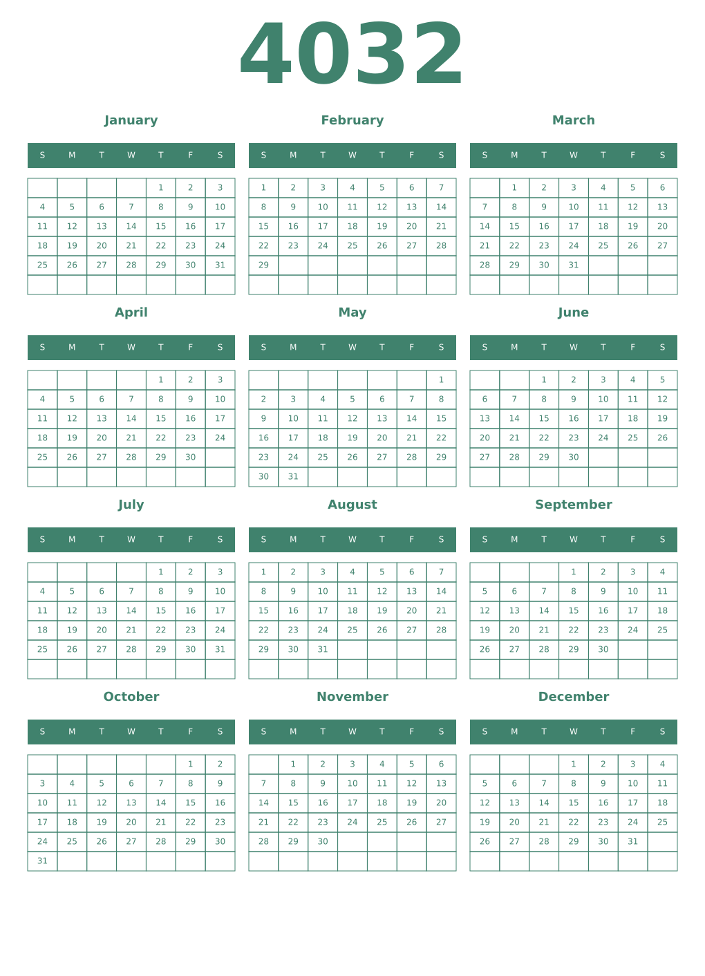 Printable 4032 Year Calendars viridian