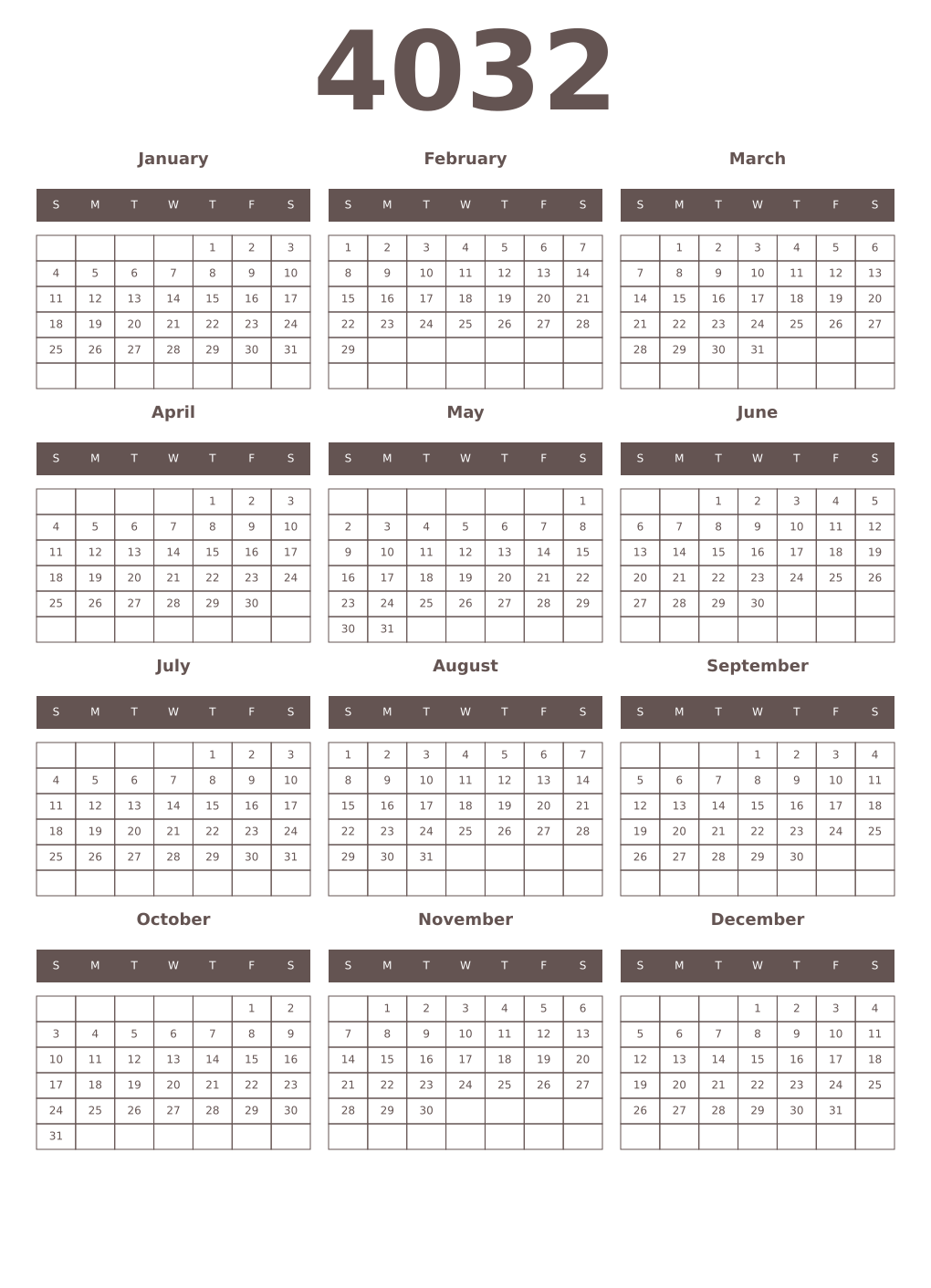 Printable 4032 Year Calendars wenge