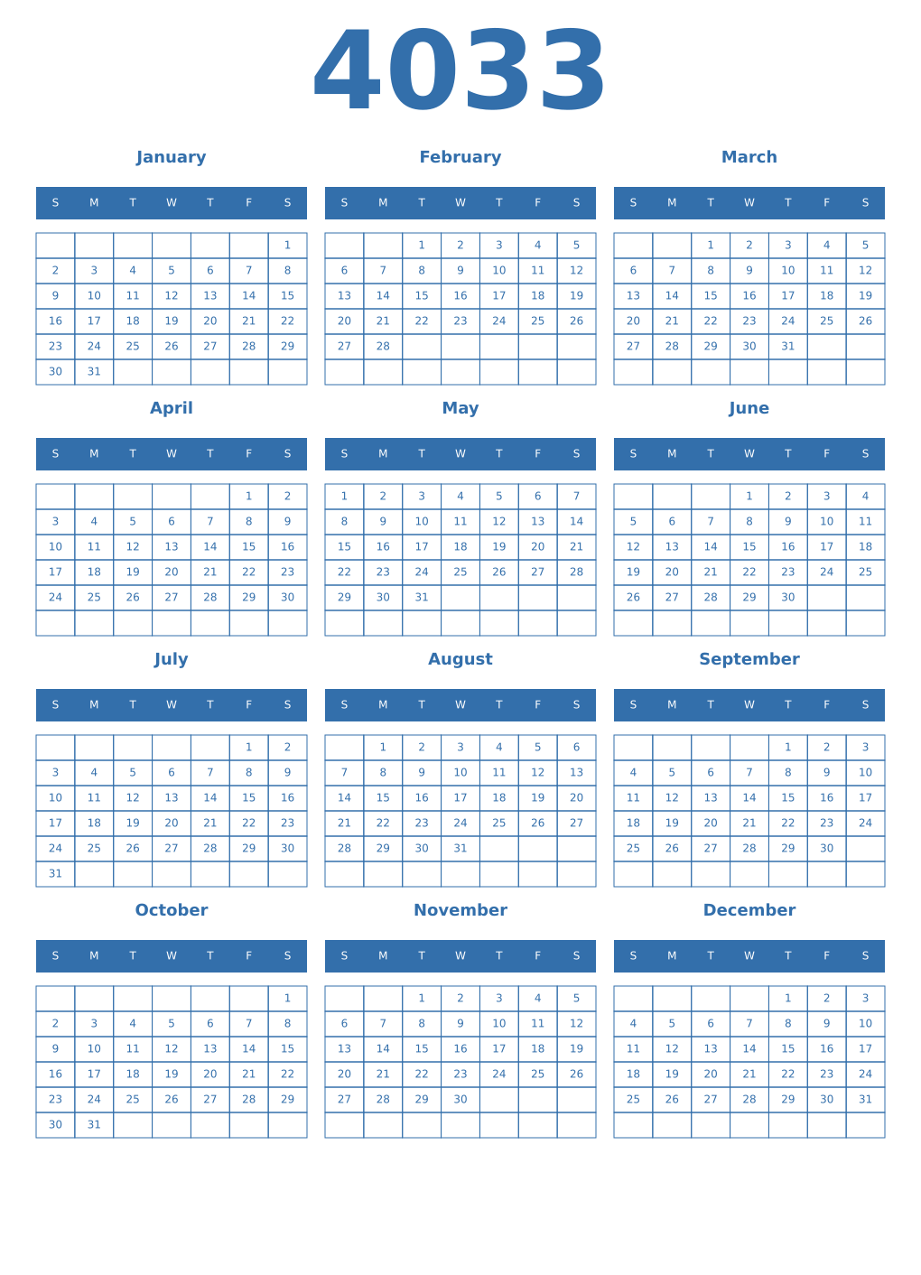 Printable 4033 Year Calendars blue