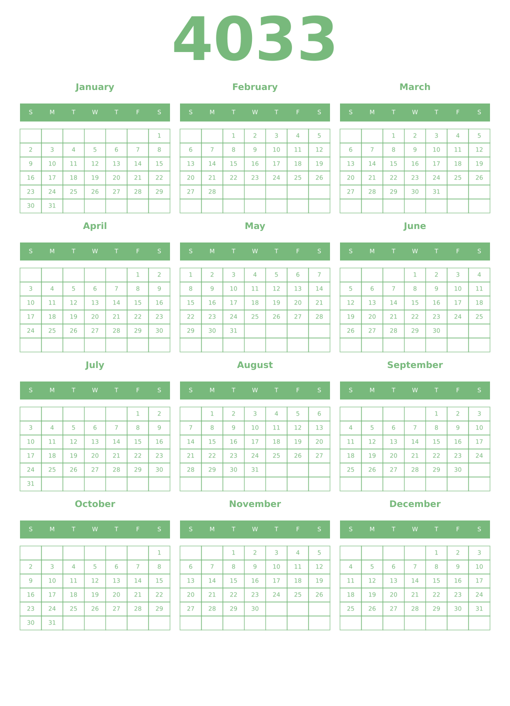 Printable 4033 Year Calendars celadon