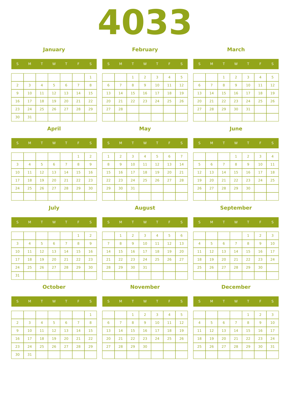 Printable 4033 Year Calendars chartreuse