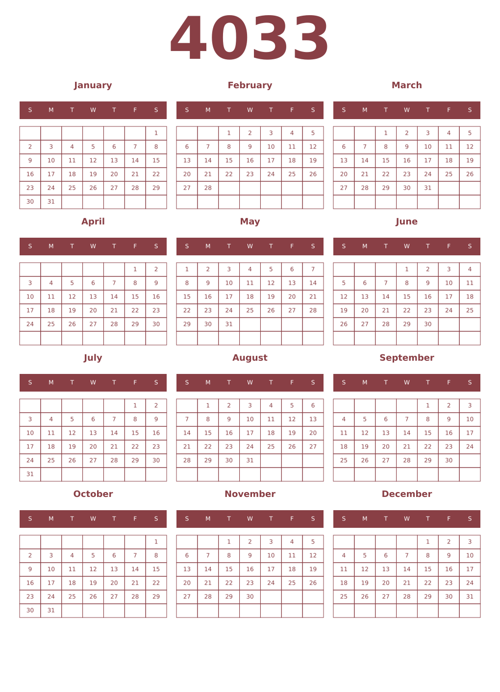 Printable 4033 Year Calendars cordovan