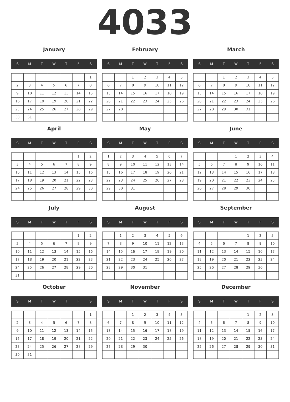 Printable 4033 Year Calendars dark