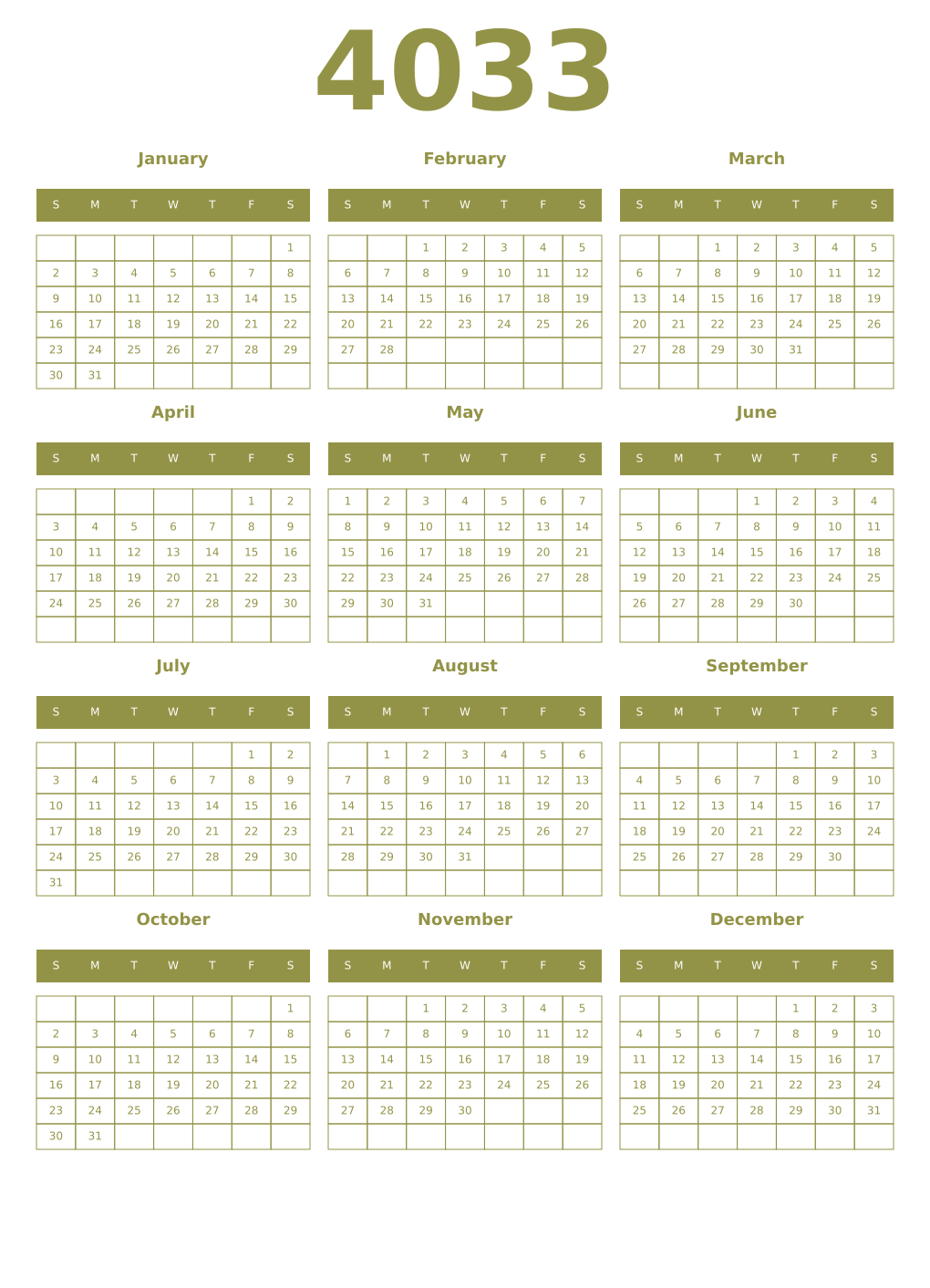 Printable 4033 Year Calendars eburnean