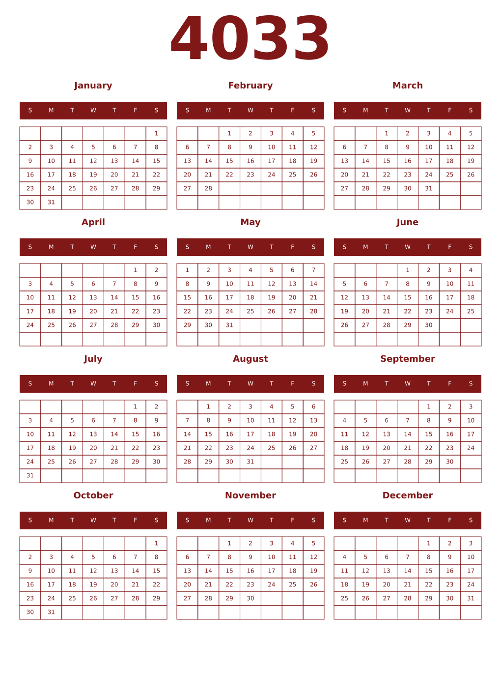 Printable 4033 Year Calendars falu