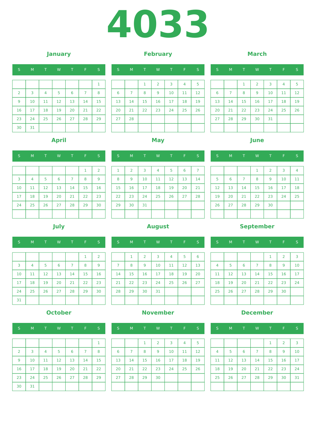 Printable 4033 Year Calendars green
