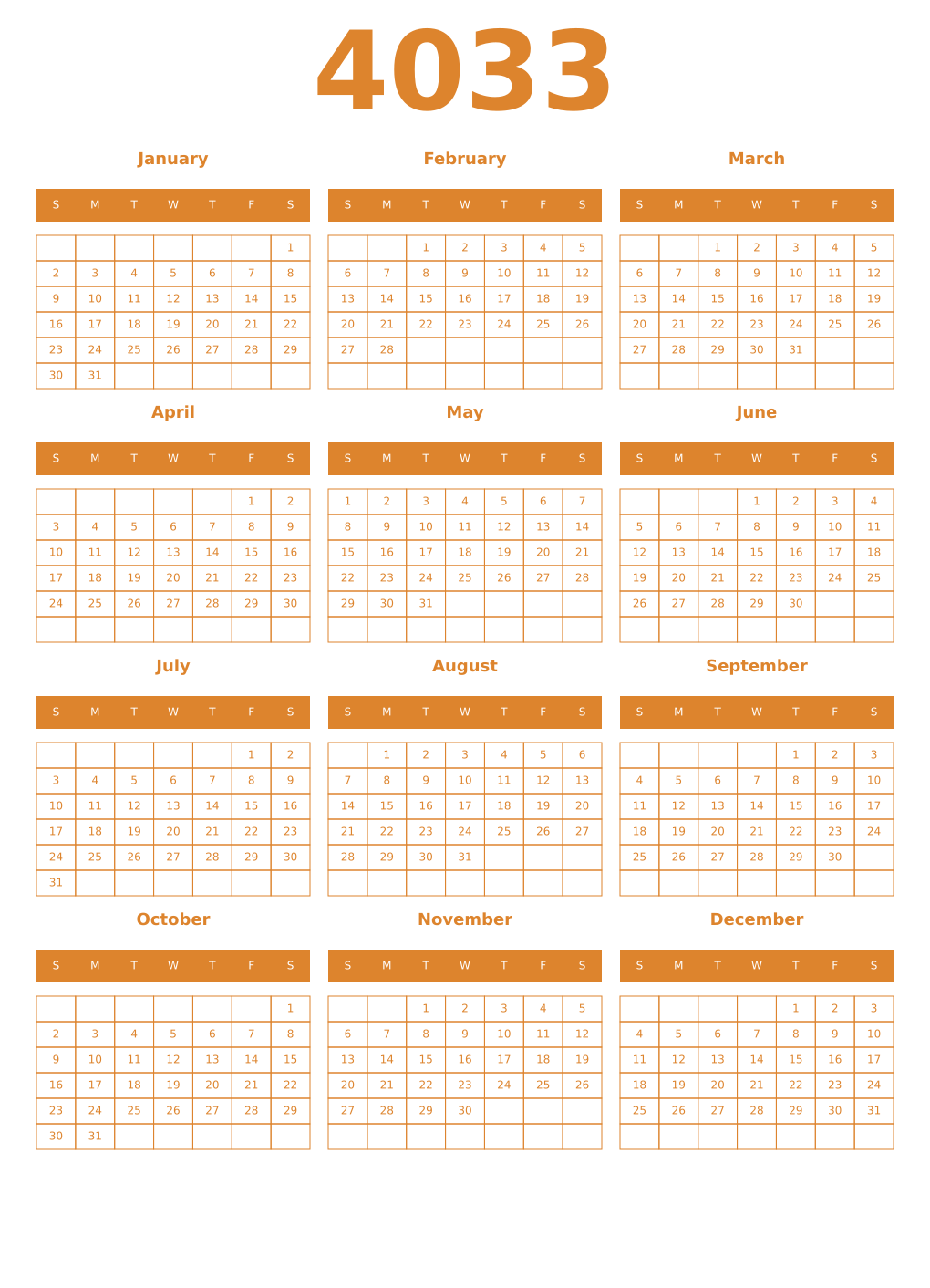 Printable 4033 Year Calendars orange