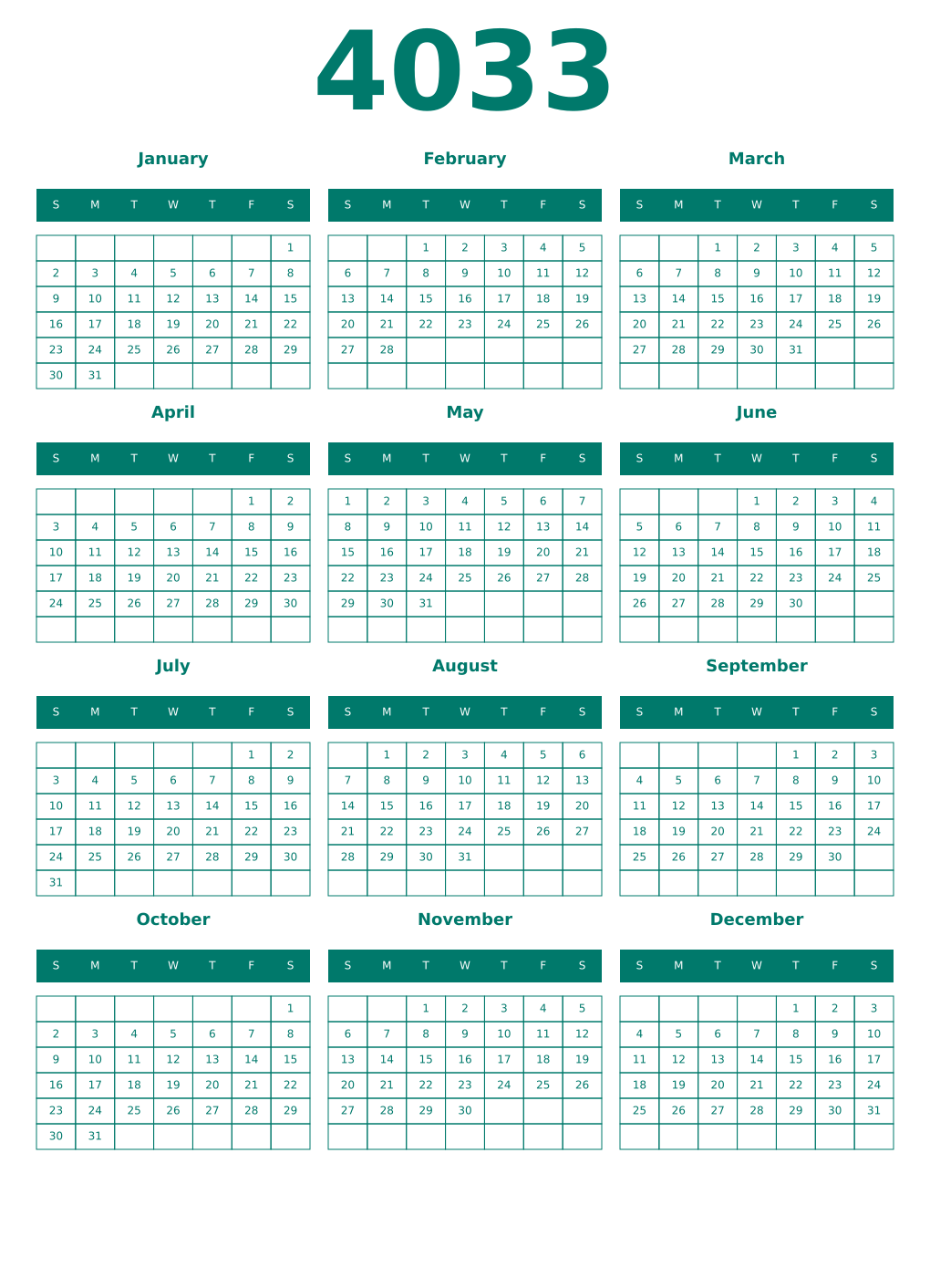 Printable 4033 Year Calendars pastel