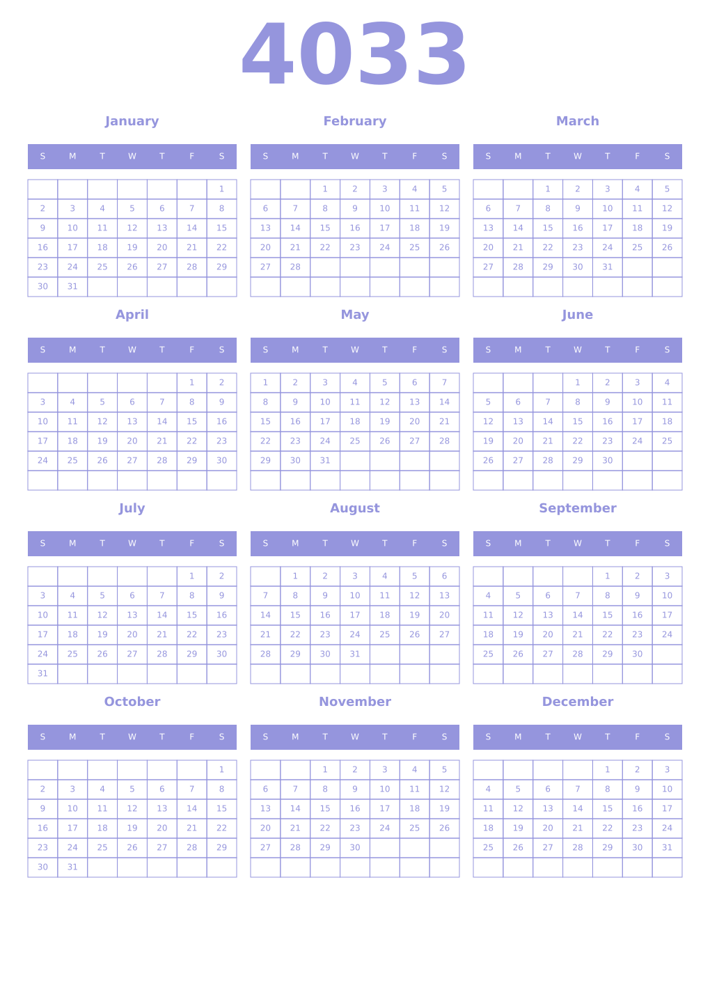 Printable 4033 Year Calendars periwinkle