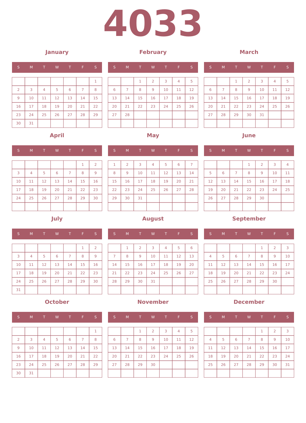 Printable 4033 Year Calendars puce