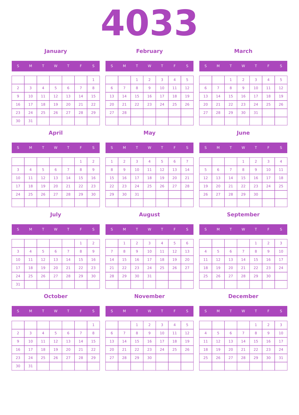 Printable 4033 Year Calendars purple