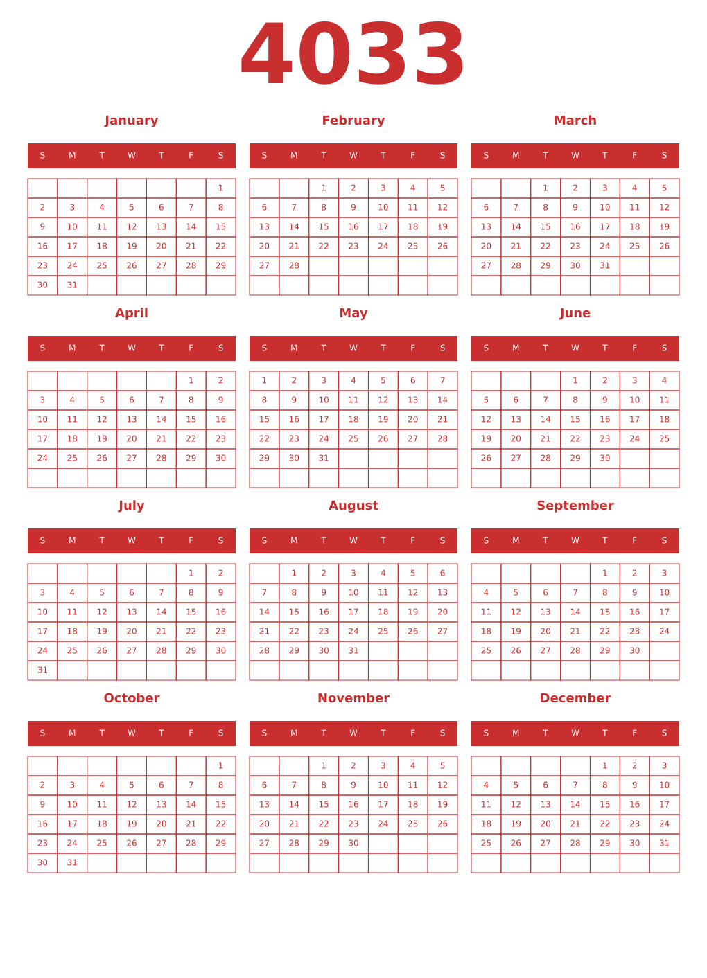 Printable 4033 Year Calendars red