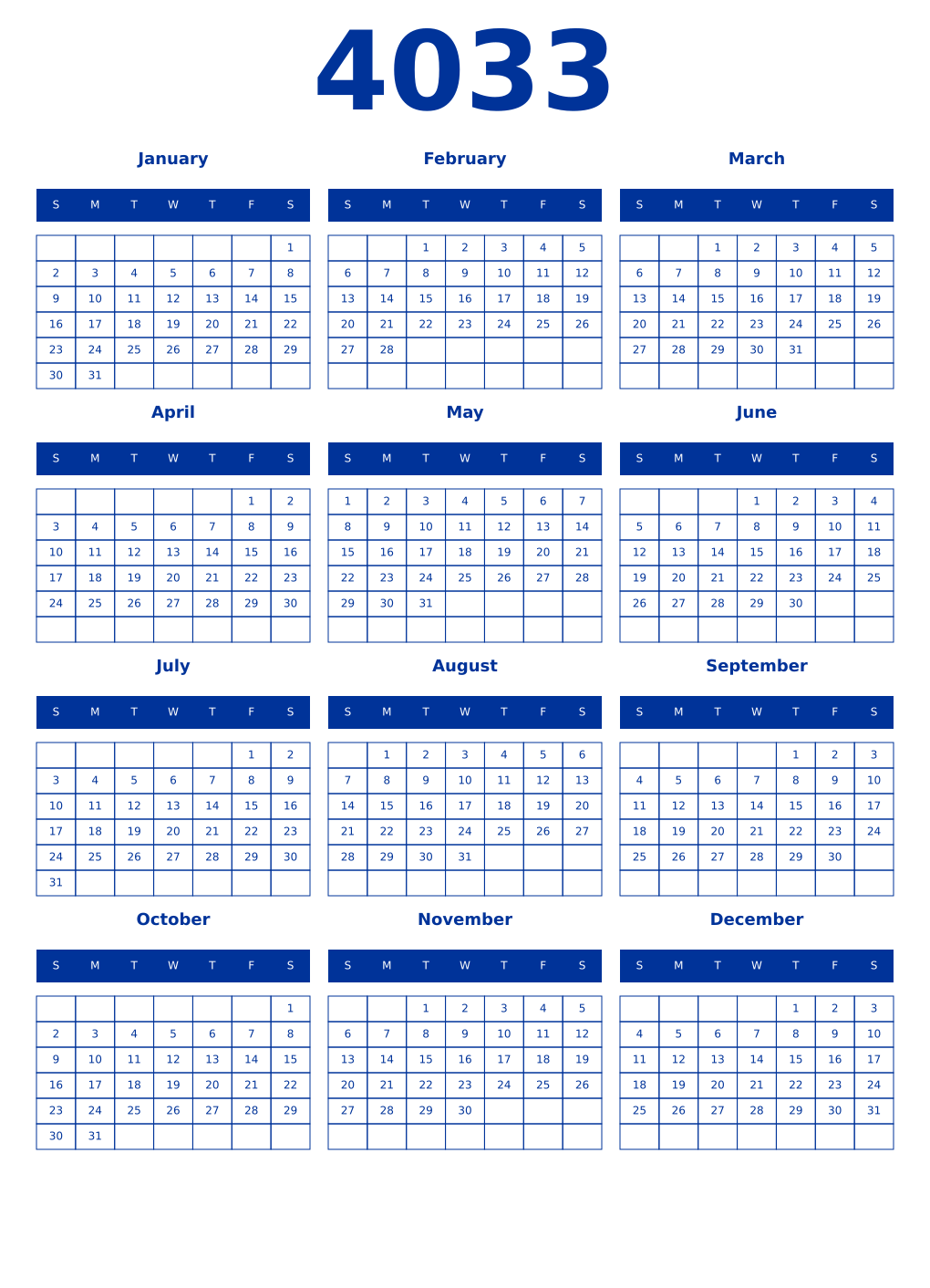 Printable 4033 Year Calendars smalt