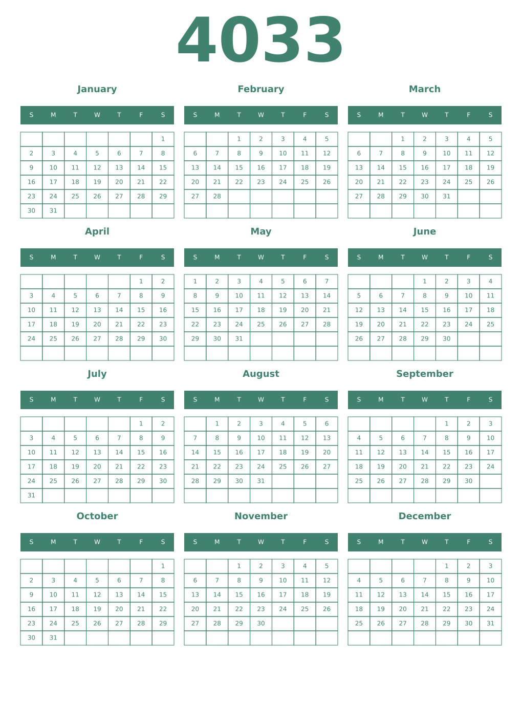 Printable 4033 Year Calendars viridian