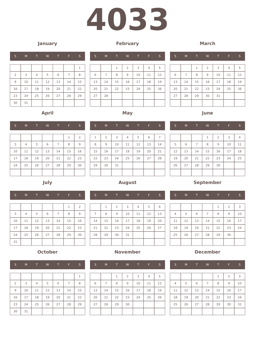 Printable 4033 Year Calendars wenge