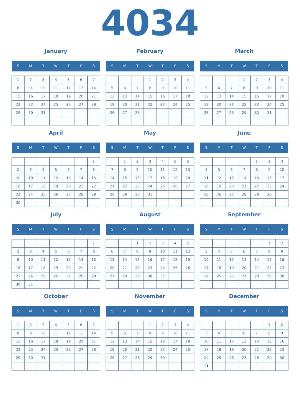 Printable 4034 Year Calendars blue