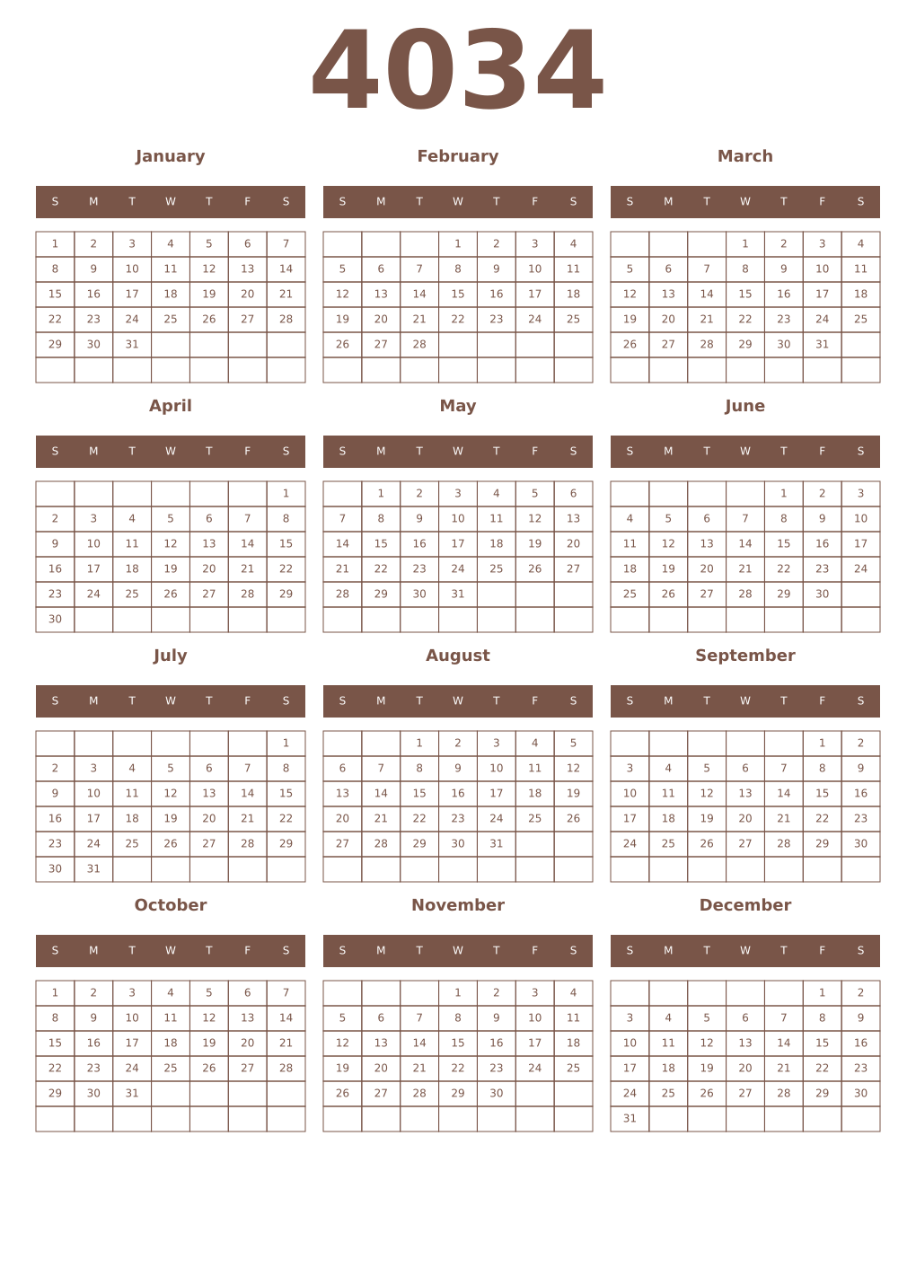 Printable 4034 Year Calendars coffe