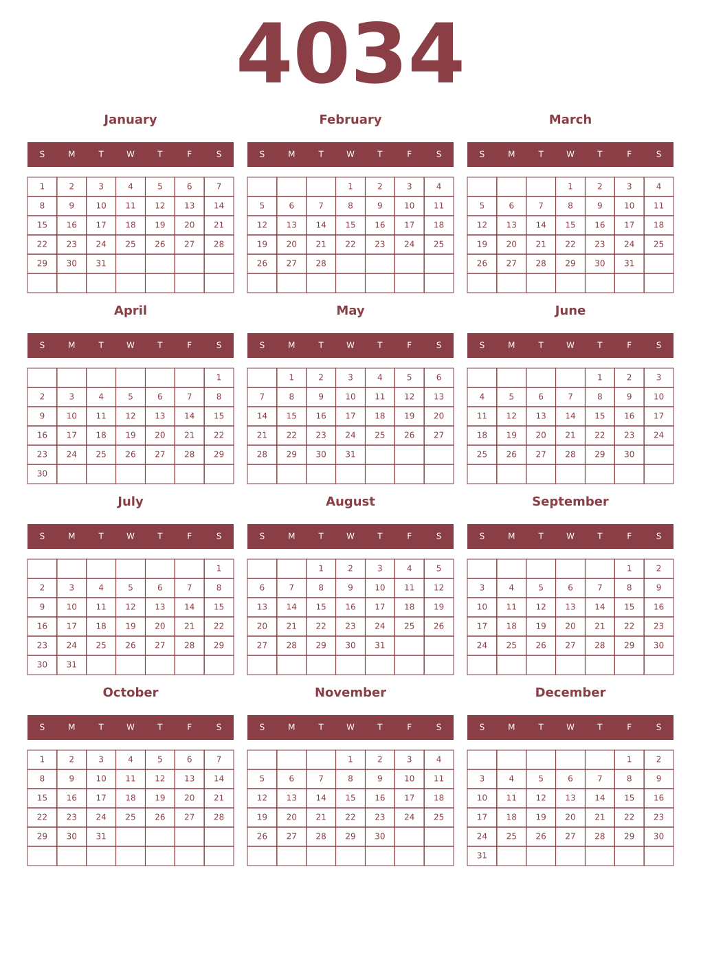Printable 4034 Year Calendars cordovan